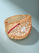 Kundan Leaf Cuff Bracelet in Green and Red Stones