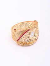 Kundan Leaf Cuff Bracelet in Green and Red Stones