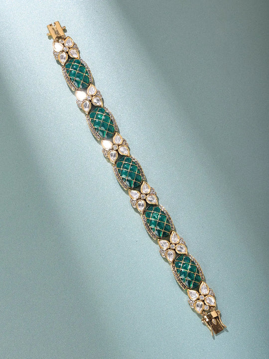 Oval Green Stone Kundan Link Bracelet in Brass