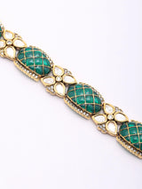 Oval Green Stone Kundan Link Bracelet in Brass