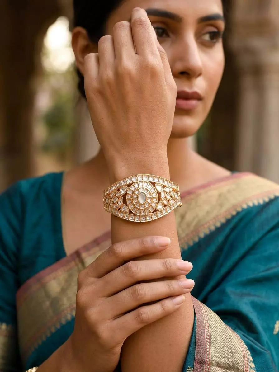 Sunburst Floral Kundan Stone Studded Brass Cuff Bracelet