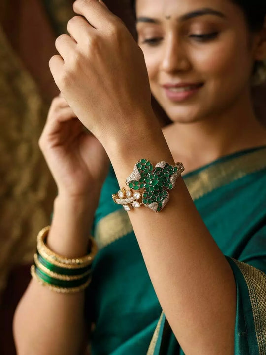 Floral Kundan Bracelet with Green Stone in Brass