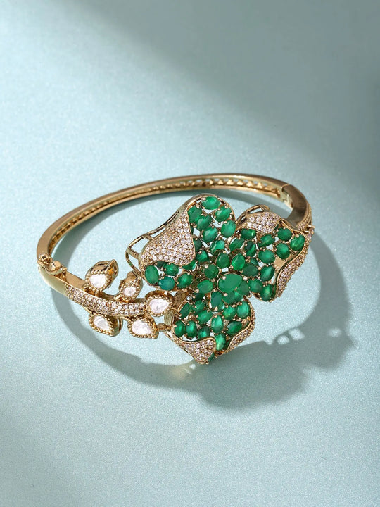 Floral Kundan Bracelet with Green Stone in Brass