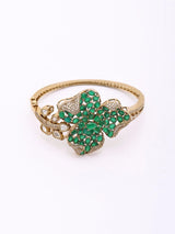 Floral Kundan Bracelet with Green Stone in Brass