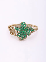 Floral Kundan Bracelet with Green Stone in Brass