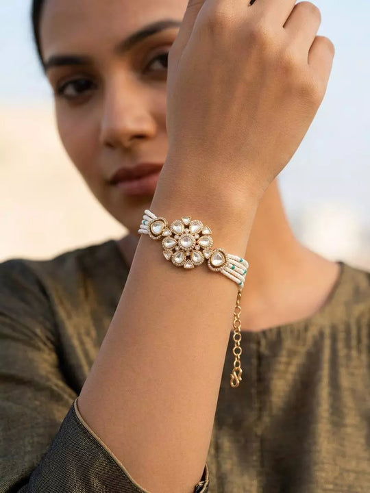 Floral Kundan Multi Strand Adjustable Brass Bracelet