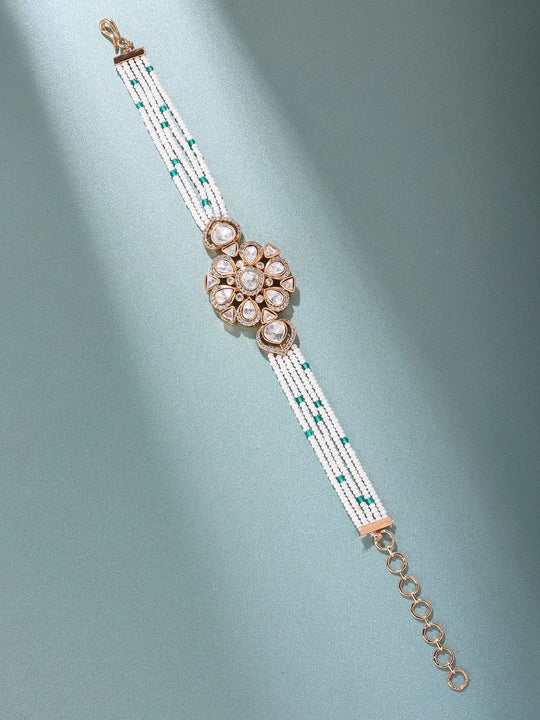 Floral Kundan Multi Strand Adjustable Brass Bracelet