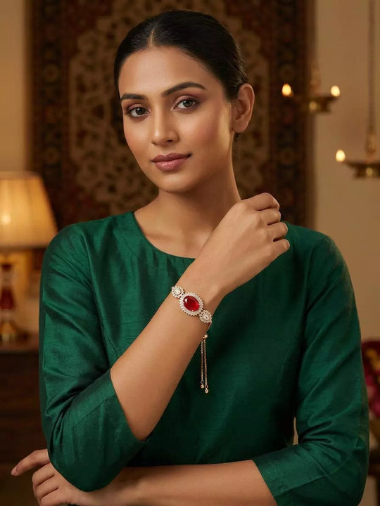 Oval Red Stone Kundan Brass Adjustable Bracelet