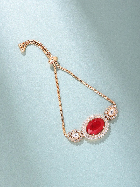Oval Red Stone Kundan Brass Adjustable Bracelet