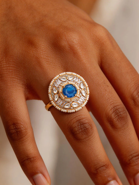 Kundan Stone Studded Adjustable Ring in Blue and Red