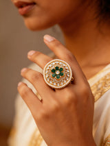 Floral Kundan Ring with Green and Red Stones in Brass