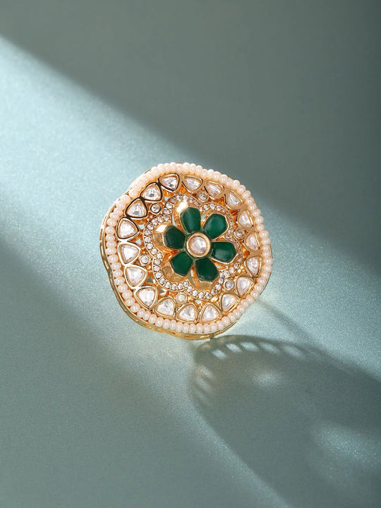 Floral Kundan Ring with Green and Red Stones in Brass