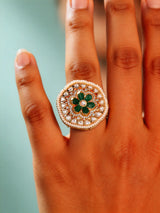 Floral Kundan Ring with Green and Red Stones in Brass