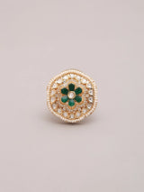 Floral Kundan Ring with Green and Red Stones in Brass