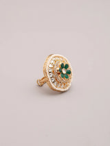 Floral Kundan Ring with Green and Red Stones in Brass