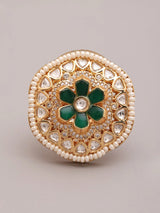 Floral Kundan Ring with Green and Red Stones in Brass