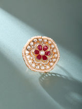 Floral Kundan Ring with Green and Red Stones in Brass