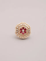 Floral Kundan Ring with Green and Red Stones in Brass