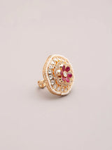 Floral Kundan Ring with Green and Red Stones in Brass