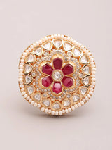 Floral Kundan Ring with Green and Red Stones in Brass