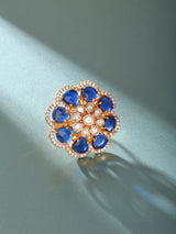 Floral Blue Kundan Stone Studded Adjustable Brass Ring