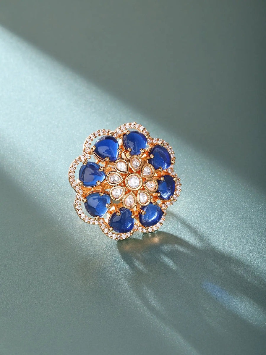 Floral Blue Kundan Stone Studded Adjustable Brass Ring