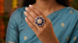 Floral Blue Kundan Stone Studded Adjustable Brass Ring