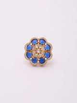 Floral Blue Kundan Stone Studded Adjustable Brass Ring