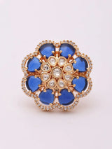 Floral Blue Kundan Stone Studded Adjustable Brass Ring