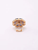 Floral Blue Kundan Stone Studded Adjustable Brass Ring