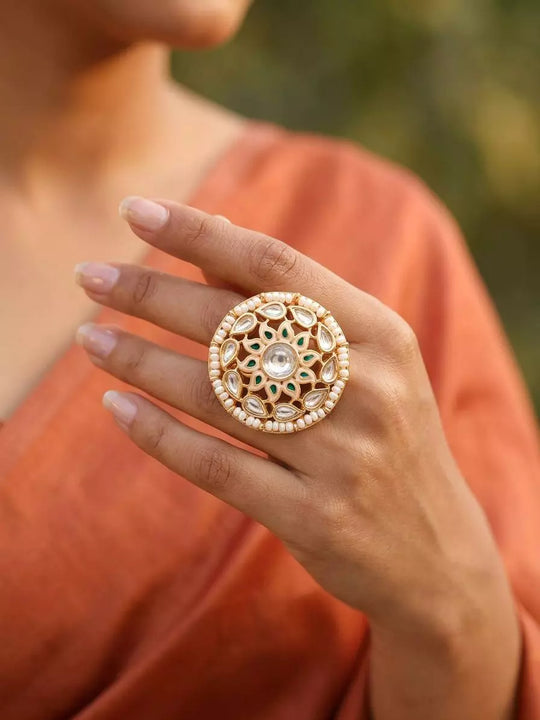 Floral Kundan Brass Adjustable Ring