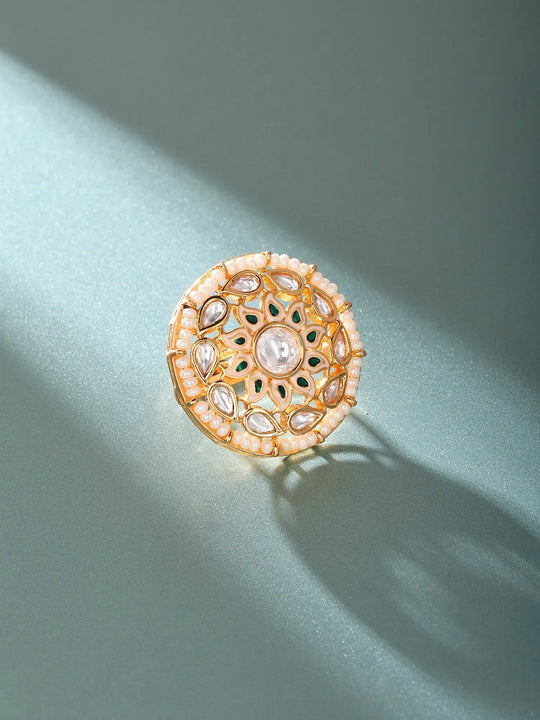 Floral Kundan Brass Adjustable Ring