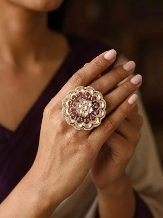 Amethyst Floral Kundan Brass Adjustable Ring