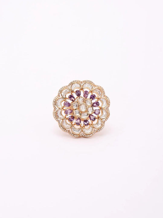 Amethyst Floral Kundan Brass Adjustable Ring
