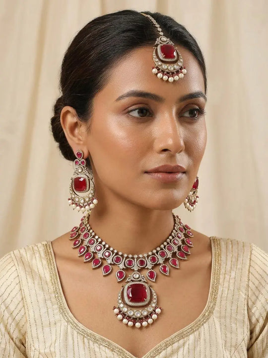 Crimson Kundan Brass Necklace Set With Earrings and Maang Tikka