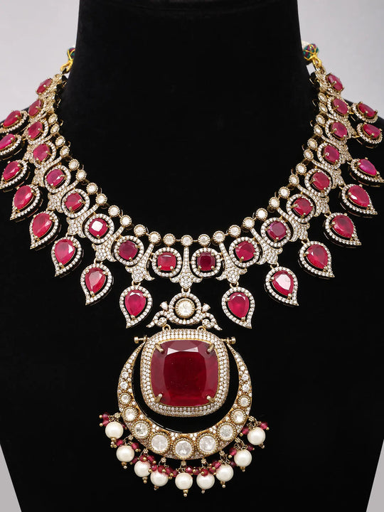 Crimson Kundan Brass Necklace Set With Earrings and Maang Tikka
