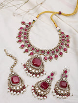 Crimson Kundan Brass Necklace Set With Earrings and Maang Tikka