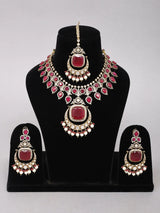 Crimson Kundan Brass Necklace Set With Earrings and Maang Tikka