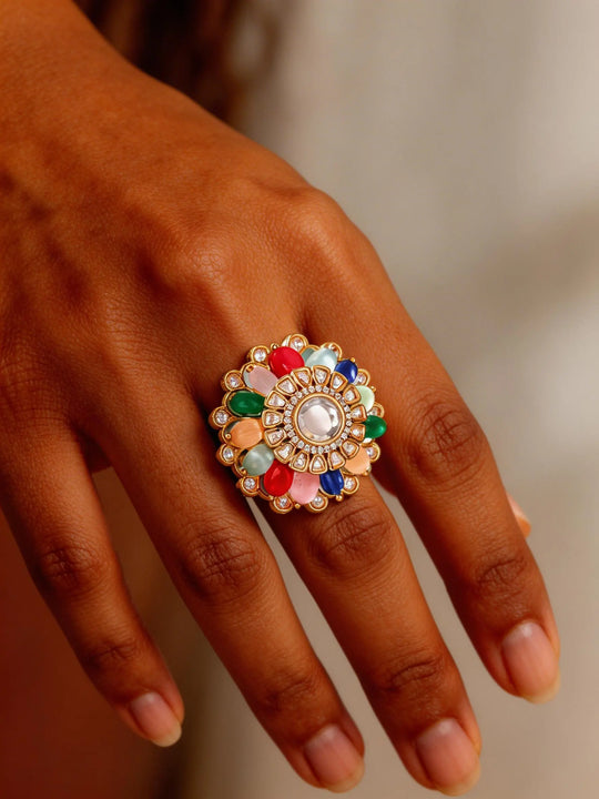 Multicolour Kundan Stone Studded Brass Cocktail Ring