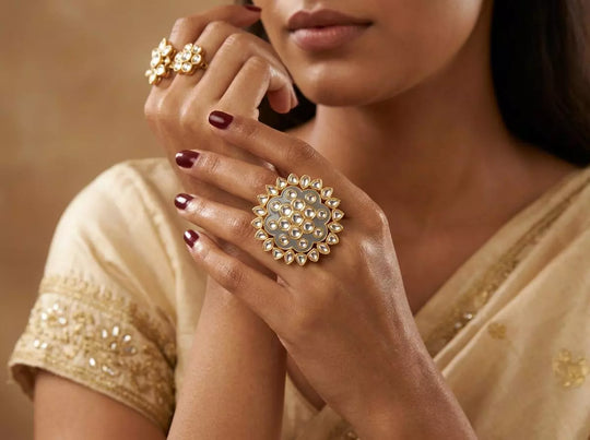 Honeycomb Kundan Brass Adjustable Statement Ring