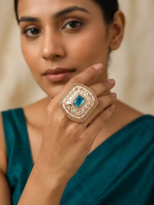 Concentric Square Kundan Studded Brass Adjustable Ring