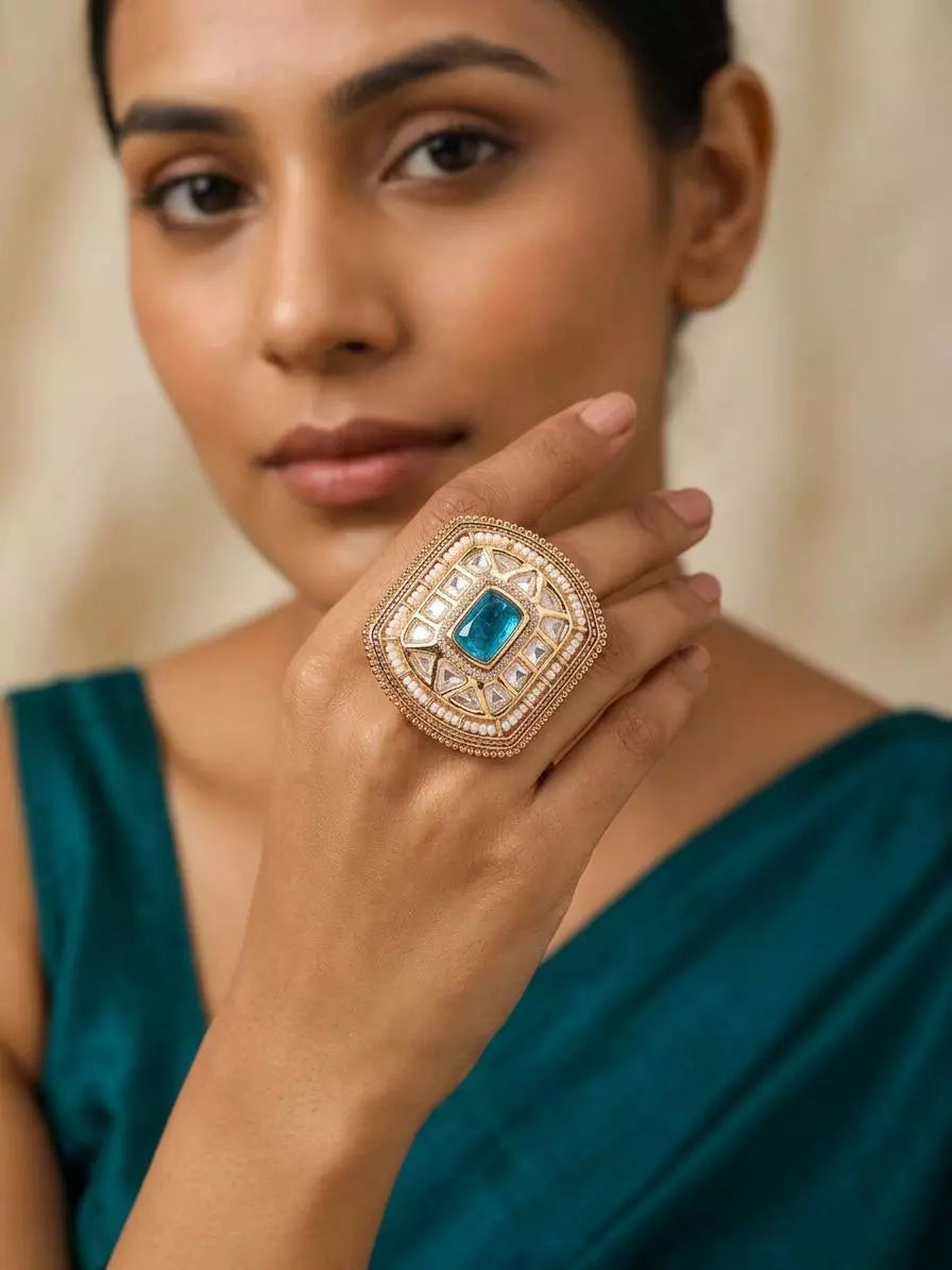 Concentric Square Kundan Studded Brass Adjustable Ring