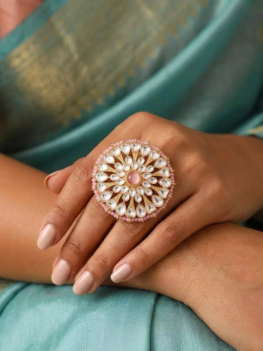 Pink Beaded Halo Polki Brass Statement Ring