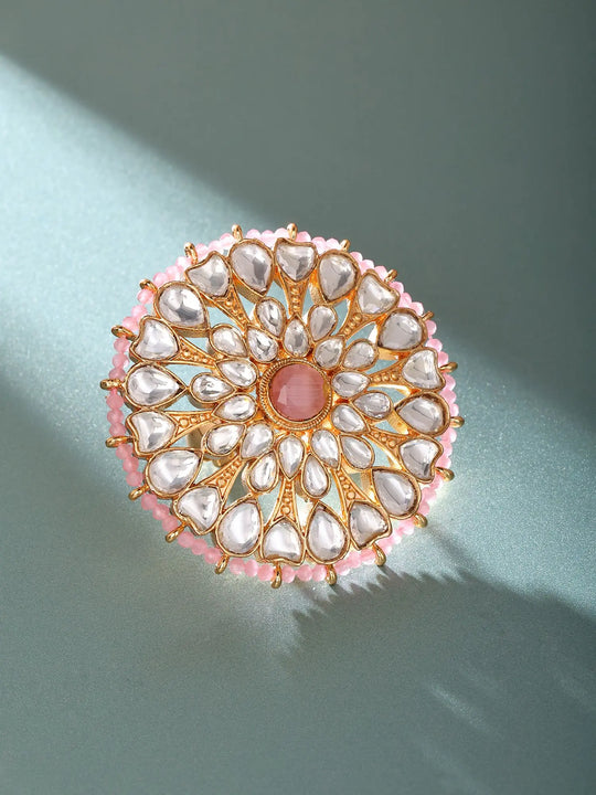 Pink Beaded Halo Polki Brass Statement Ring