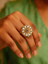 Floral Kundan White Stone Adjustable Brass Ring