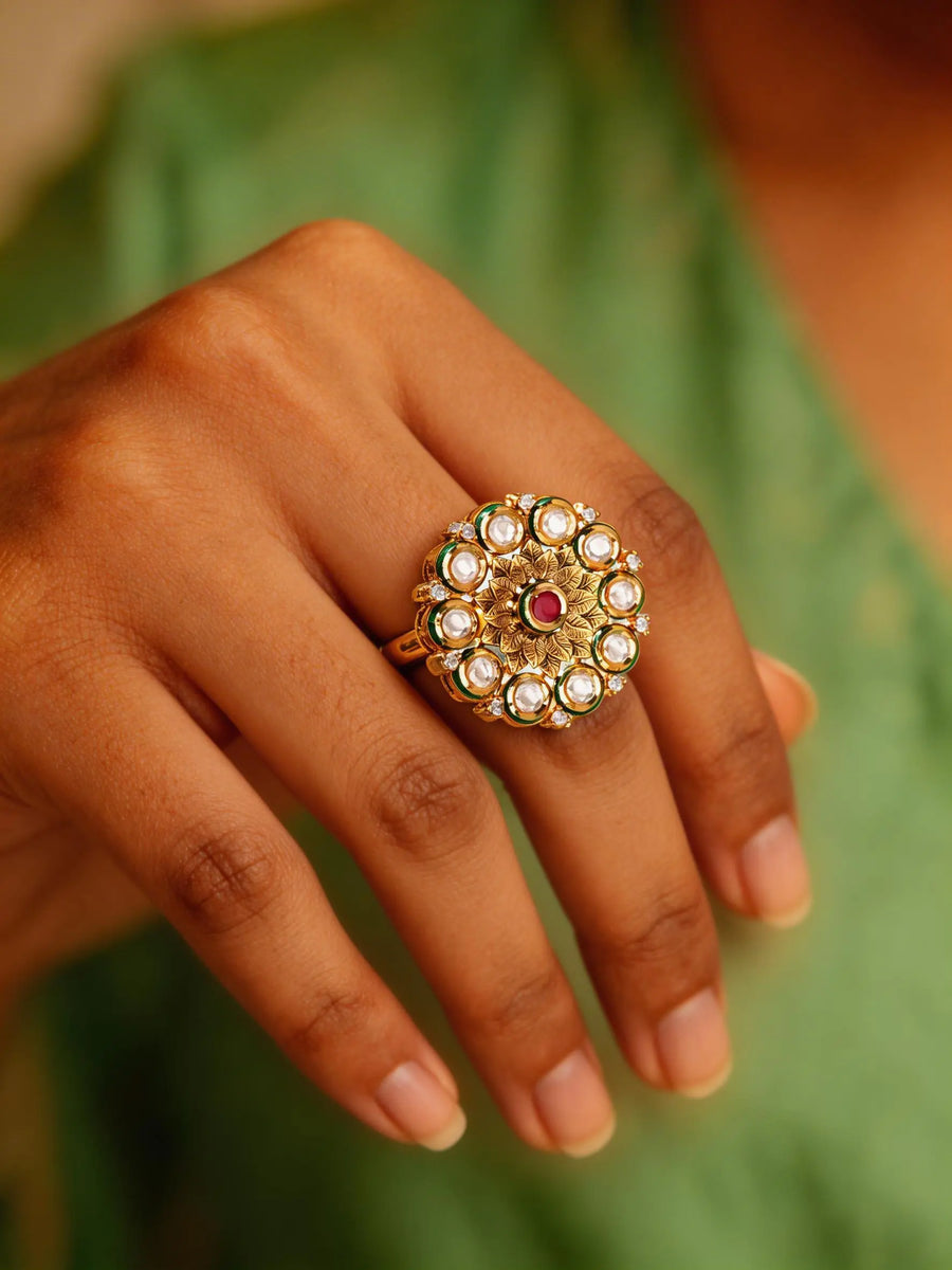 Floral Kundan White Stone Adjustable Brass Ring