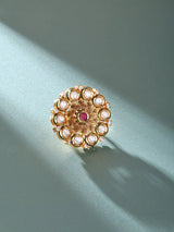 Floral Kundan White Stone Adjustable Brass Ring