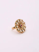 Floral Kundan White Stone Adjustable Brass Ring