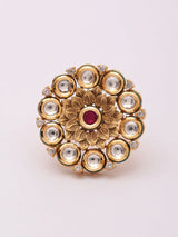 Floral Kundan White Stone Adjustable Brass Ring