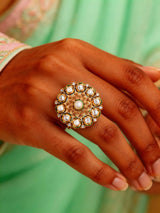 Floral Kundan White Stone Adjustable Brass Ring